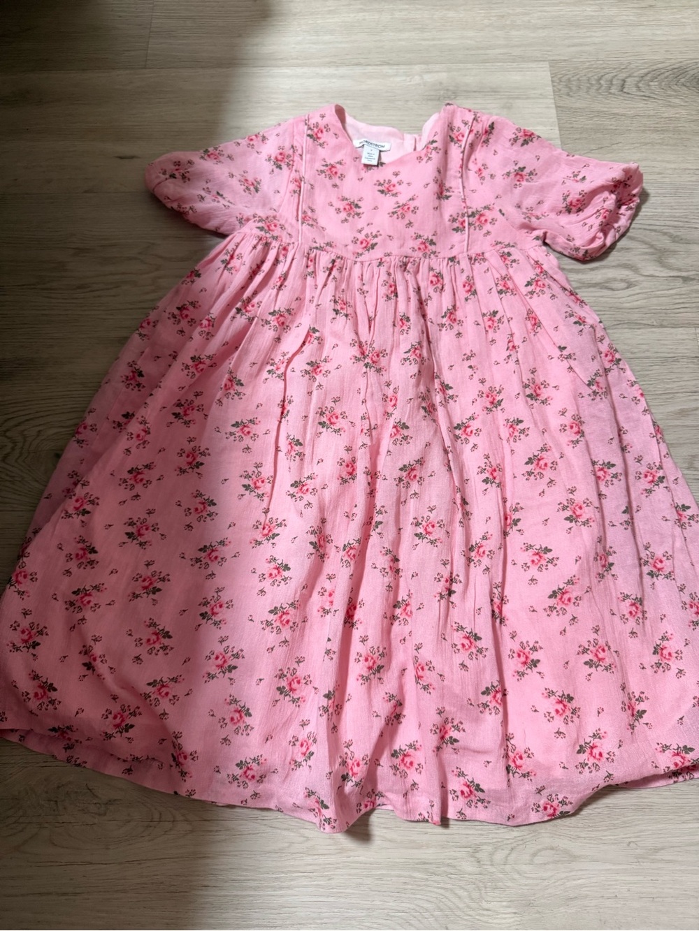 Nordstrom Girls Babydoll Lined Floral Dress Pink Size 7 Smocked Button Up Back